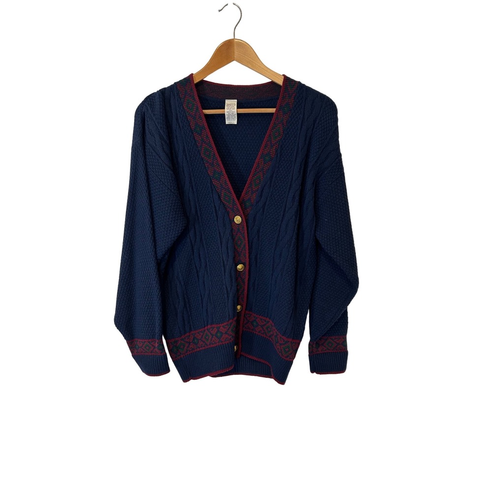 Vtg Grandpa Cardigan Sweater Women S Navy Blue Cable Knit Geometric Trim V Neck